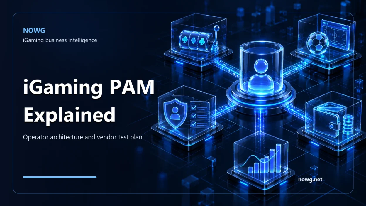 Blue schematic of player identity, wallet and controls in an iGaming PAM