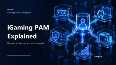 Blue schematic of player identity, wallet and controls in an iGaming PAM