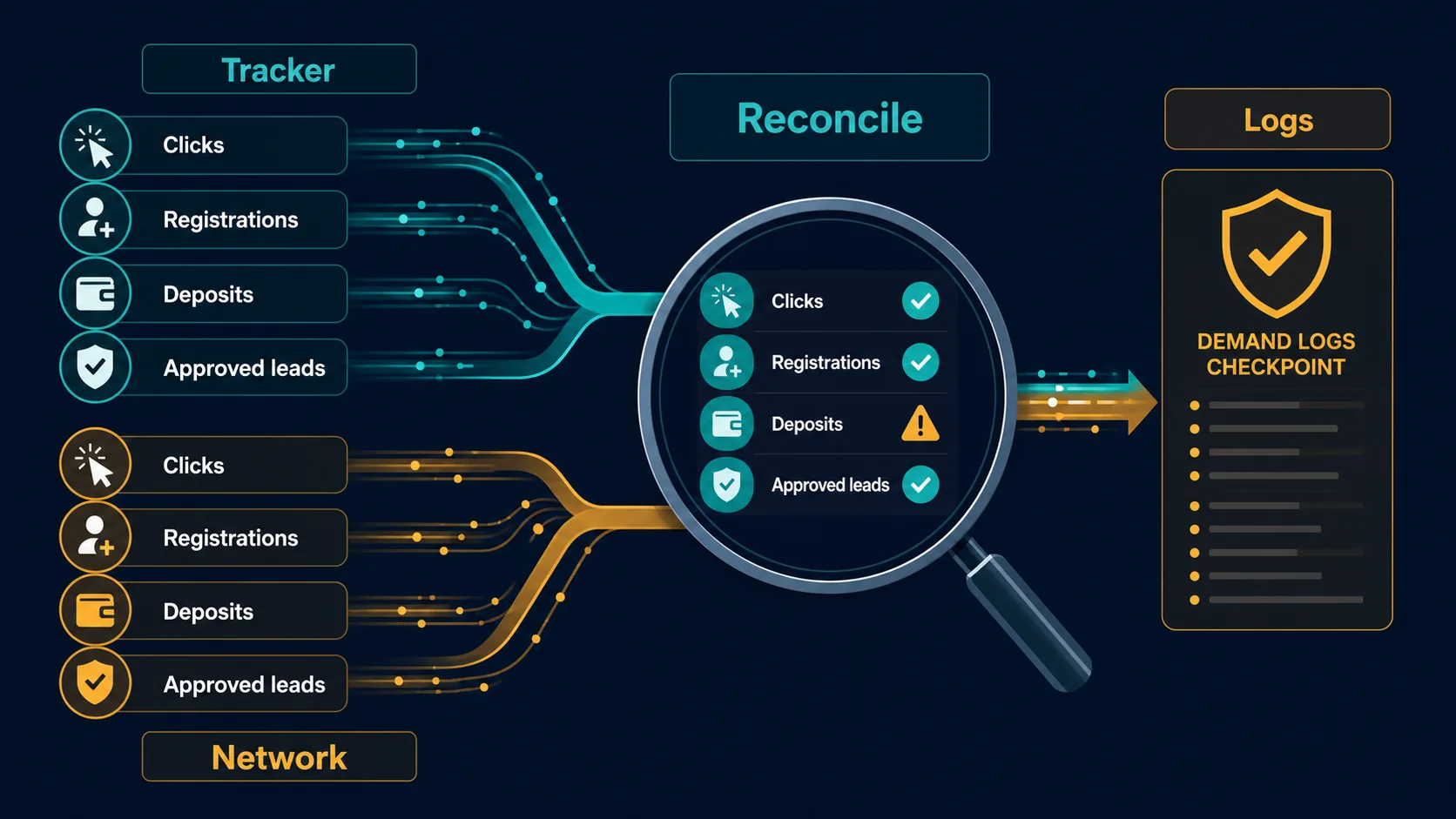What is a “Shaved” Lead and How to Detect It in iGaming — Detect Shaved Affiliate Leads Reconciliation flow comparing tracker and network data before demanding logs
