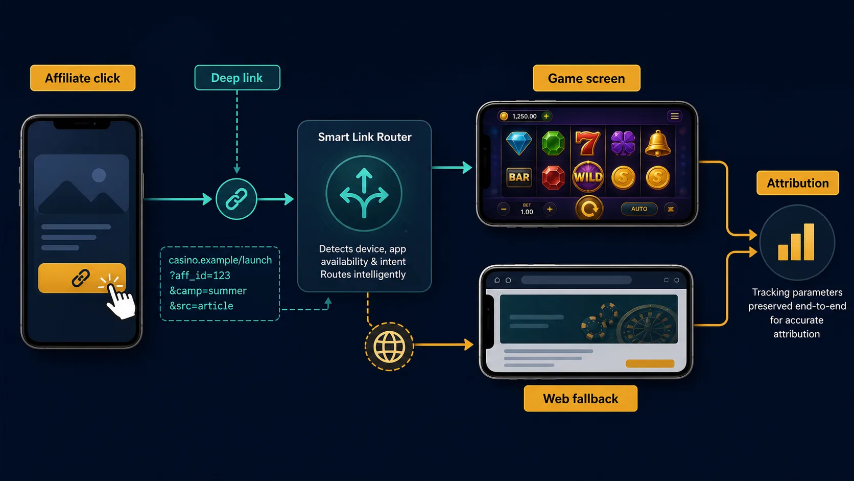 Deep Linking in iGaming: How to Send Users Directly to Specific Games — iGaming Affiliate Deep Linking Deep link flow from affiliate click to a specific casino game with web fallback