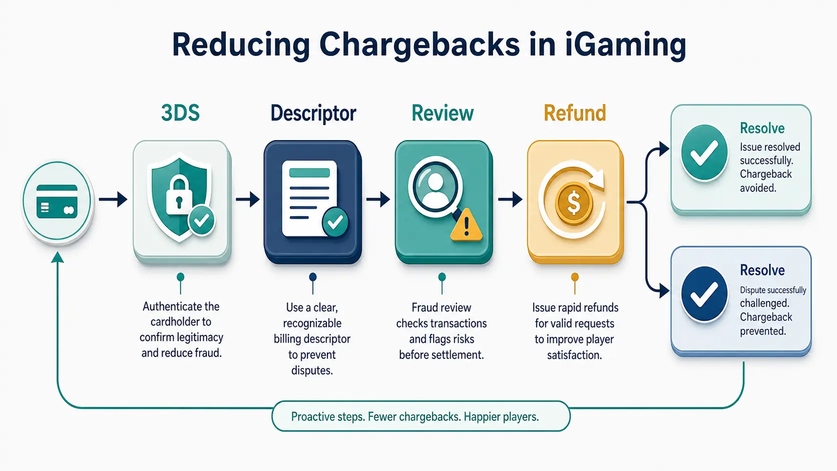 Chargeback reduction flow using 3-D Secure, billing descriptor, review and refund