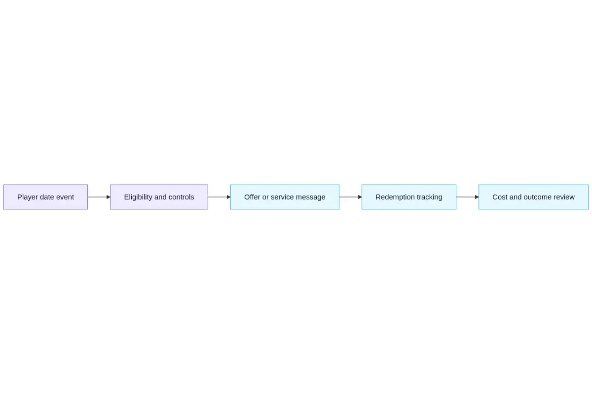 Setting Up Automated Birthday and Anniversary Bonuses in Your CRM – automated casino birthday bonus Flow diagram showing a player date event passing eligibility and control checks before an offer or service message, redemption tracking, and outcome review