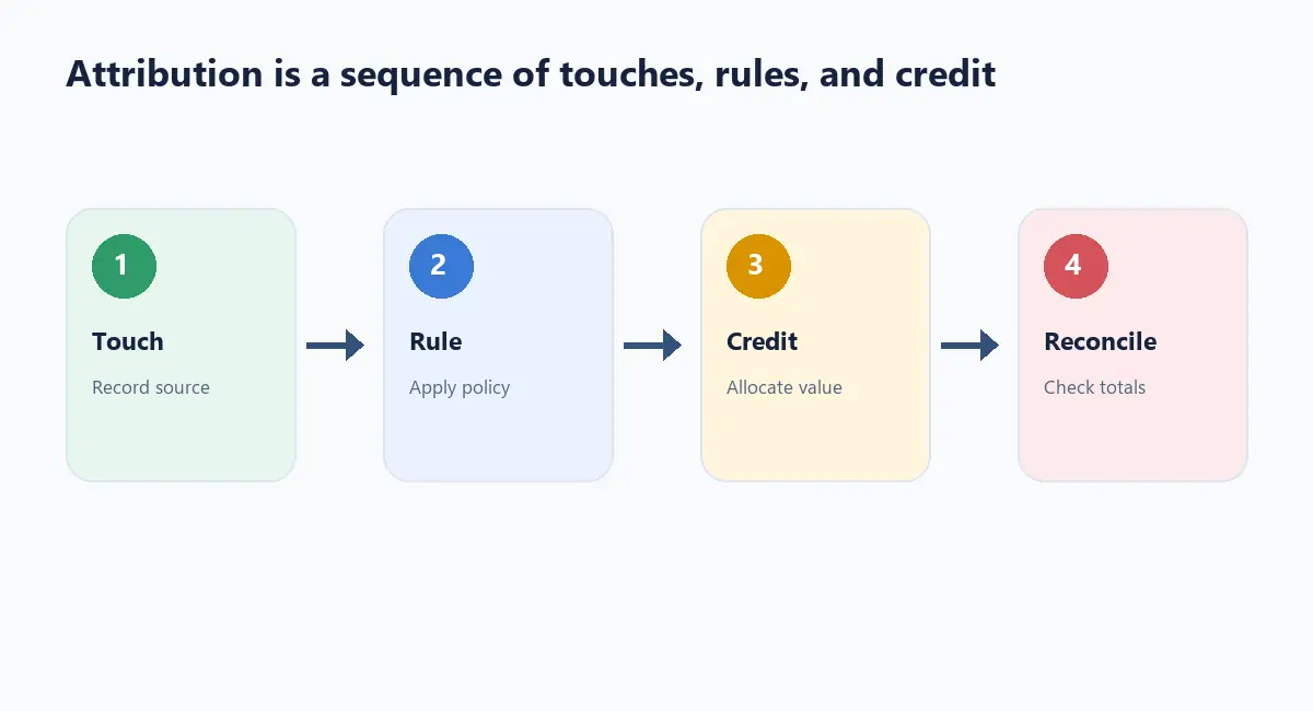Affiliate attribution workflow connecting touchpoints, rules, credit, and reconciliation