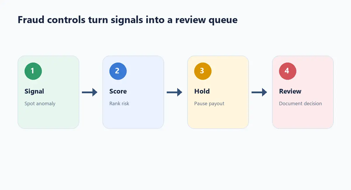 Affiliate fraud detection workflow from signal and risk score to payout hold and review