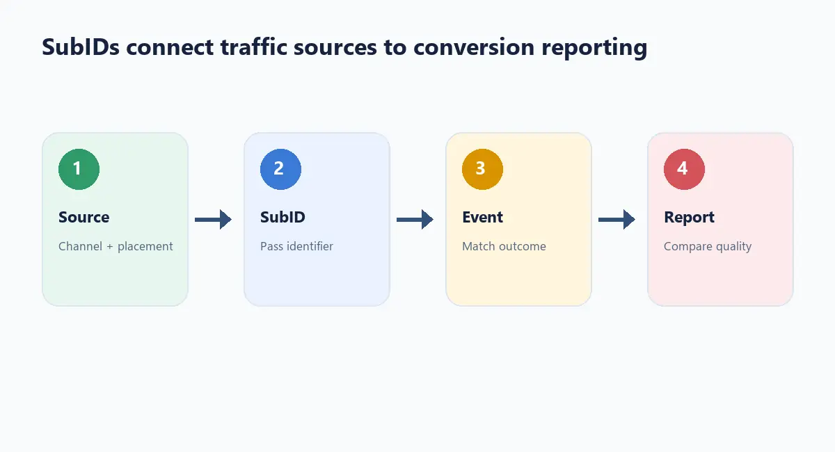 Understanding SubIDs: How to Track Traffic Sources in iGaming – use subids igaming tracking Affiliate SubID tracking flow from traffic source through conversion event to report