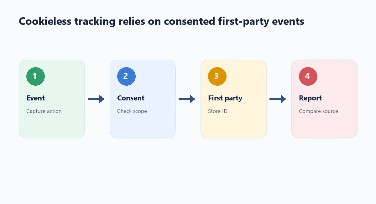 Cookieless Tracking in iGaming: A Practical Guide for 2026 – cookieless tracking igaming affiliates Cookieless affiliate tracking flow using consented first-party events and reporting