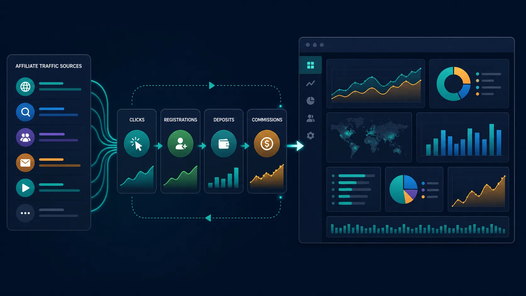How to Build a Custom Affiliate Dashboard Using Google Looker Studio – custom igaming affiliate dashboard Dashboard flow showing affiliate traffic data moving through tracker, CRM and reporting layers