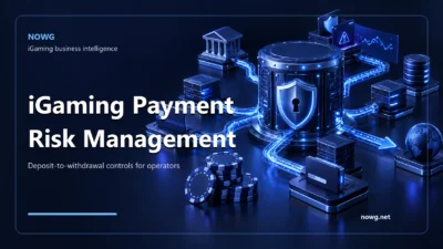 Blue illustration of a casino payment risk system linking deposit processing, fraud controls, and settlement monitoring