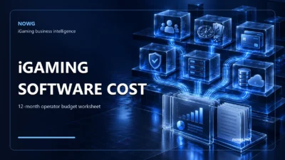 Blue iGaming technology stack linking platform, casino games, payments, compliance and a budget ledger