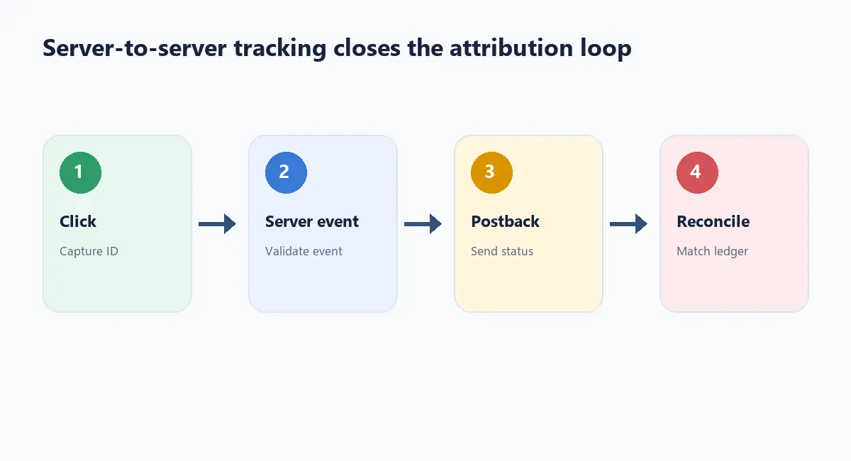 Server-to-server affiliate tracking flow from click to server event, postback, and reconciliation
